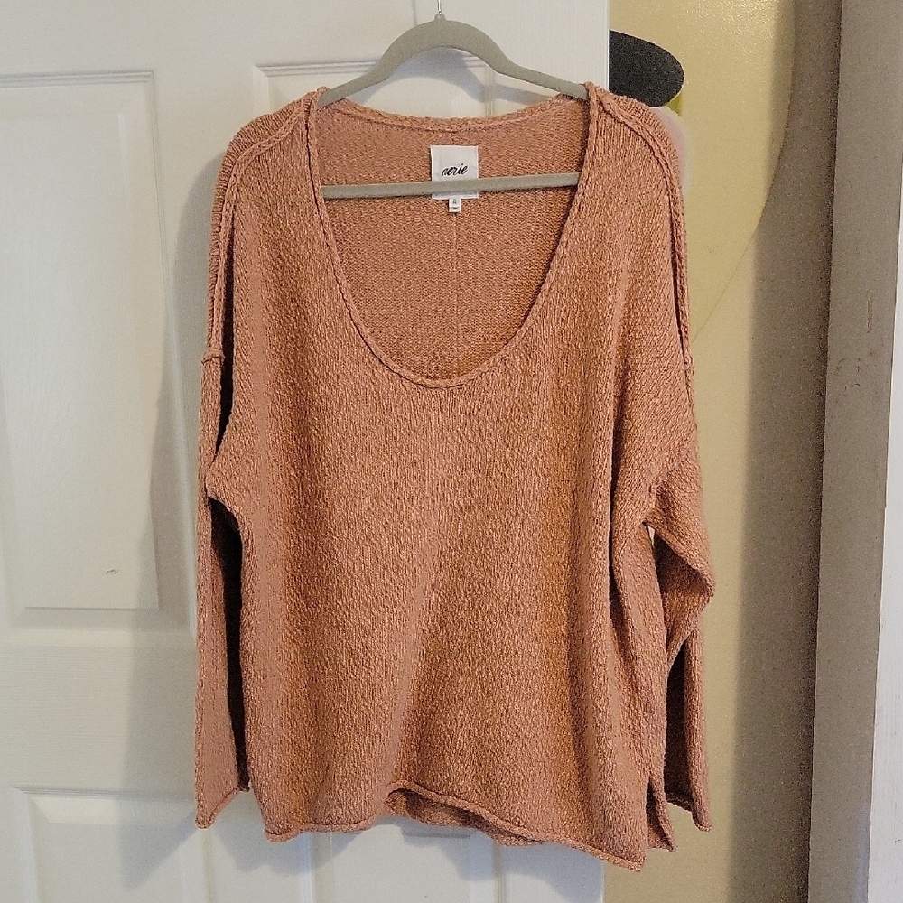 Aerie SzXL Oversized cotton Women's Relaxed Fit Scoop Neck Sweater in Soft Tan
